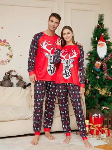 matching pajamas for couples - Raglan Sleeve Red "Oh Deer" Reindeer Top & Festive Pants Pajamas