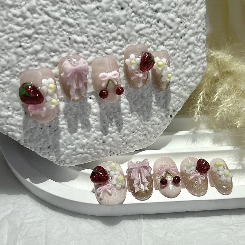 10 September Nails Designs Simple | 3D Bow Cherry Strawberry Cat Eye Fake Nails