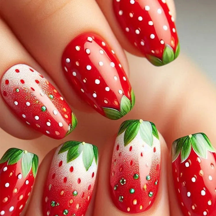 24Pcs Short Square Shape Fake Nails with Jelly Glue | Strawberry Fruit Flower Design