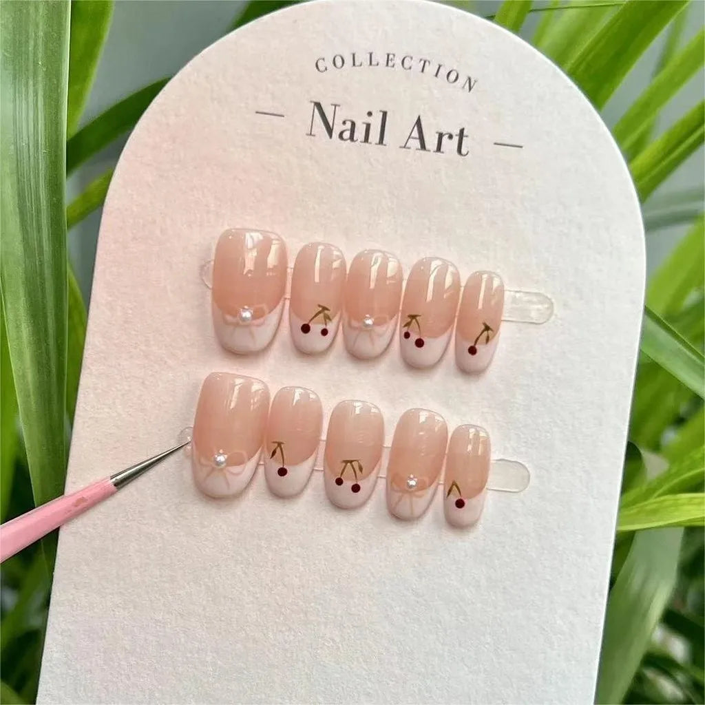1  Unit Cherry French Nails | Cherry Custard French Handmade Wearing Nails