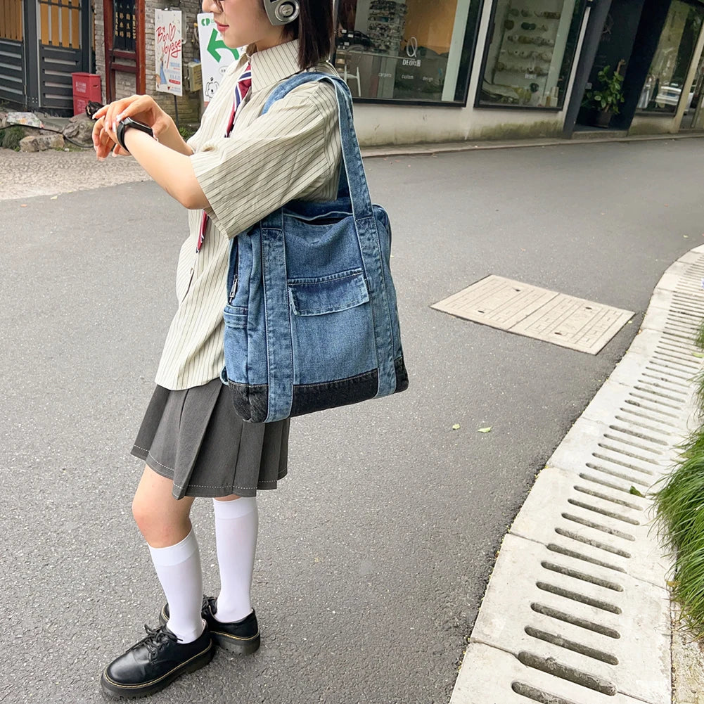 Denim Backpack | Adjustable Strap Women Schoolbag Casual Jeans Bag