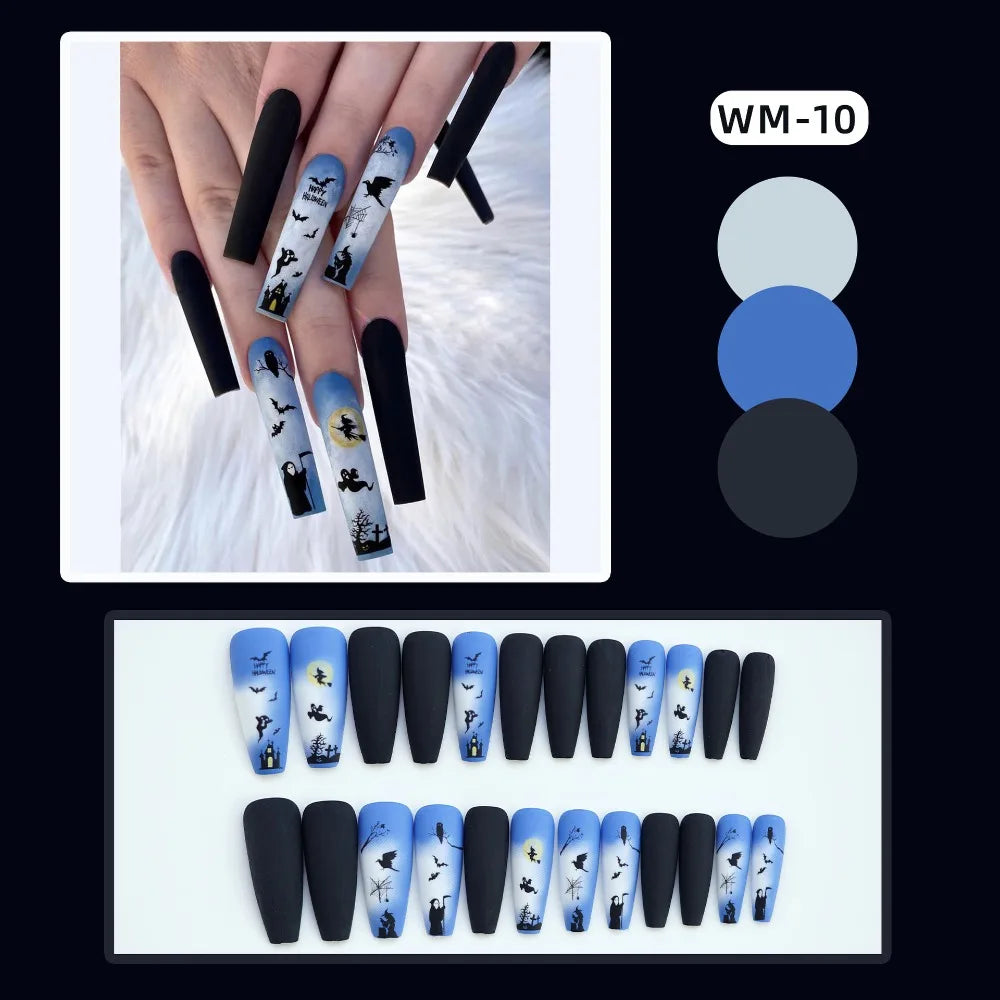 24pcs Skull Nail Stickers | Halloween Skull Almond False Nails | Detachable Artificial Nail Tips