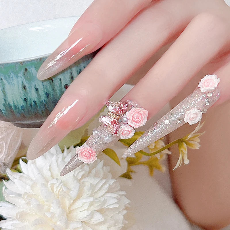 4 Piece Press On long Stiletto Nails Designs with 3D Pink Rose Rhinestone Decor Long Stiletto Shape