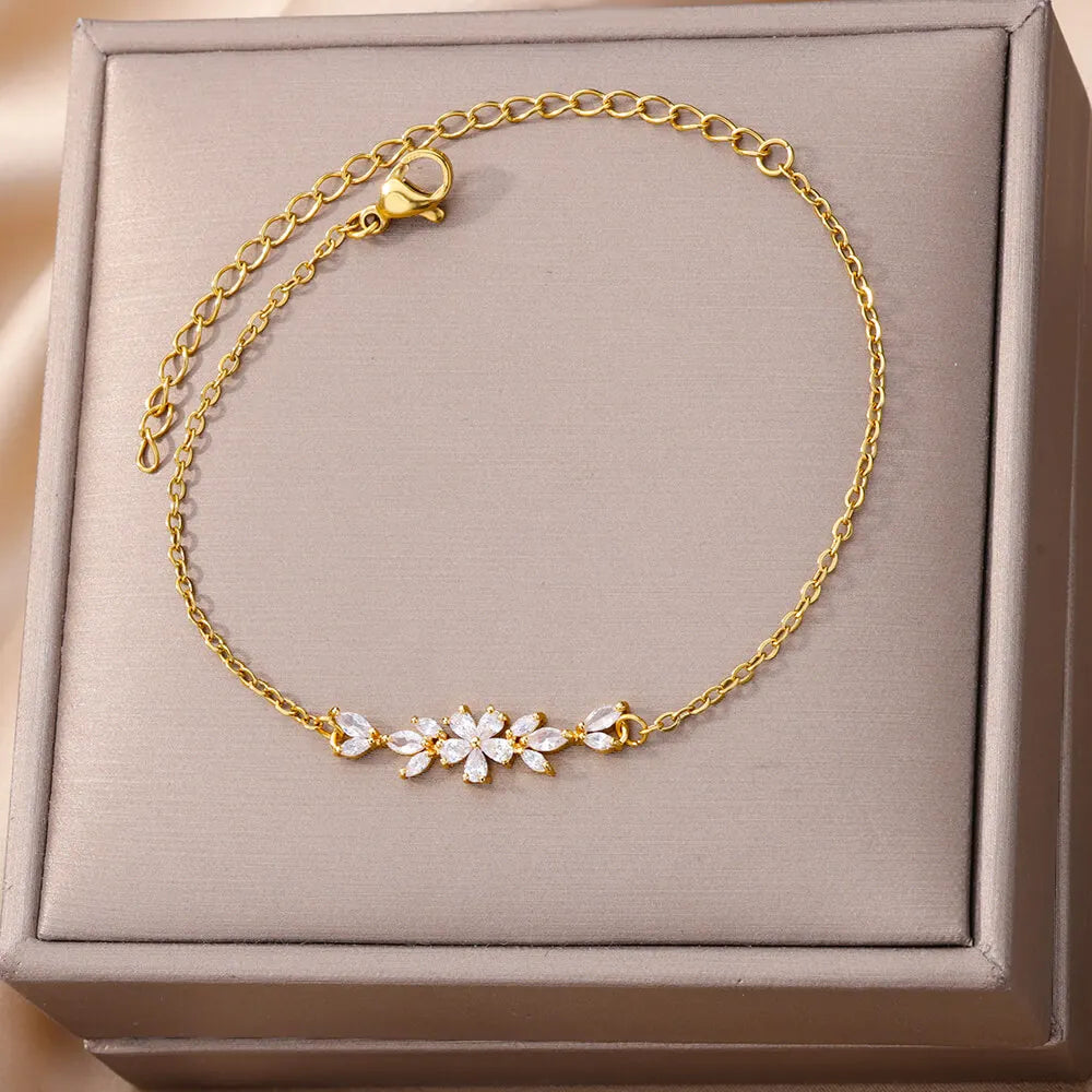 Flower Bracelet Luxury For Women | Gold Color Stainless Steel Plant Bracelets