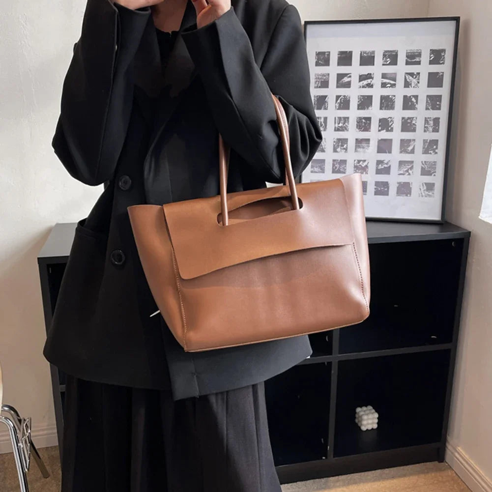 Women Vintage Minimalist Shoulder Tote Bag |Solid Color Fashion Tote Handbag