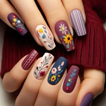 24 Medium Square Nail Ideas | Flowers design fall winter square ballet acrylic tips press on