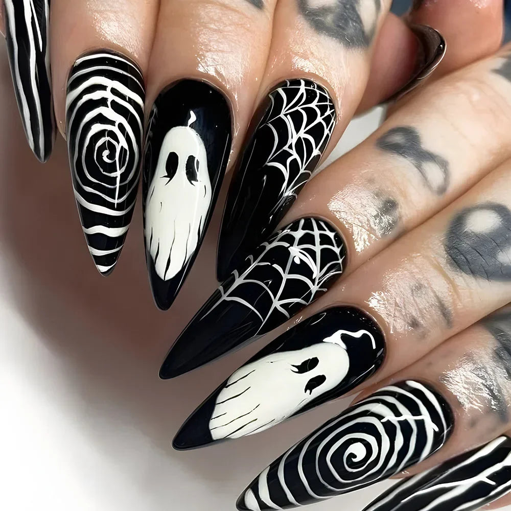 24 Ghost Press on Nails | Personalized Cobweb Pattern Teardrop Nails Full Cover False Nail