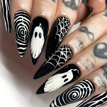 24 Ghost Press on Nails | Personalized Cobweb Pattern Teardrop Nails Full Cover False Nail