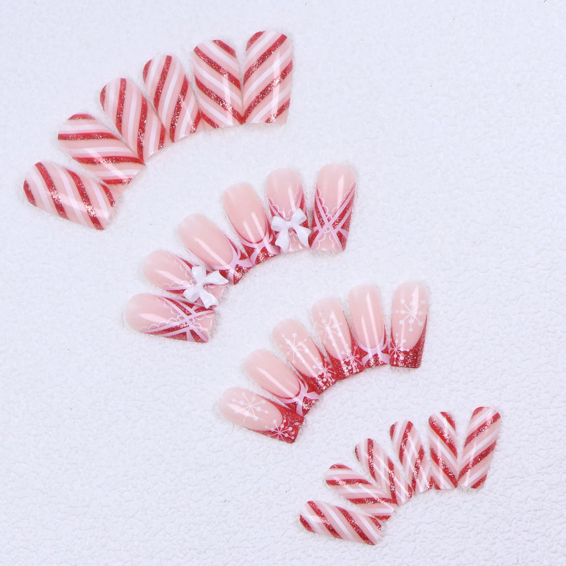 24 Christmas Nail Long | French Pointed Square Fake Nail | Snowflake Bow  Nail