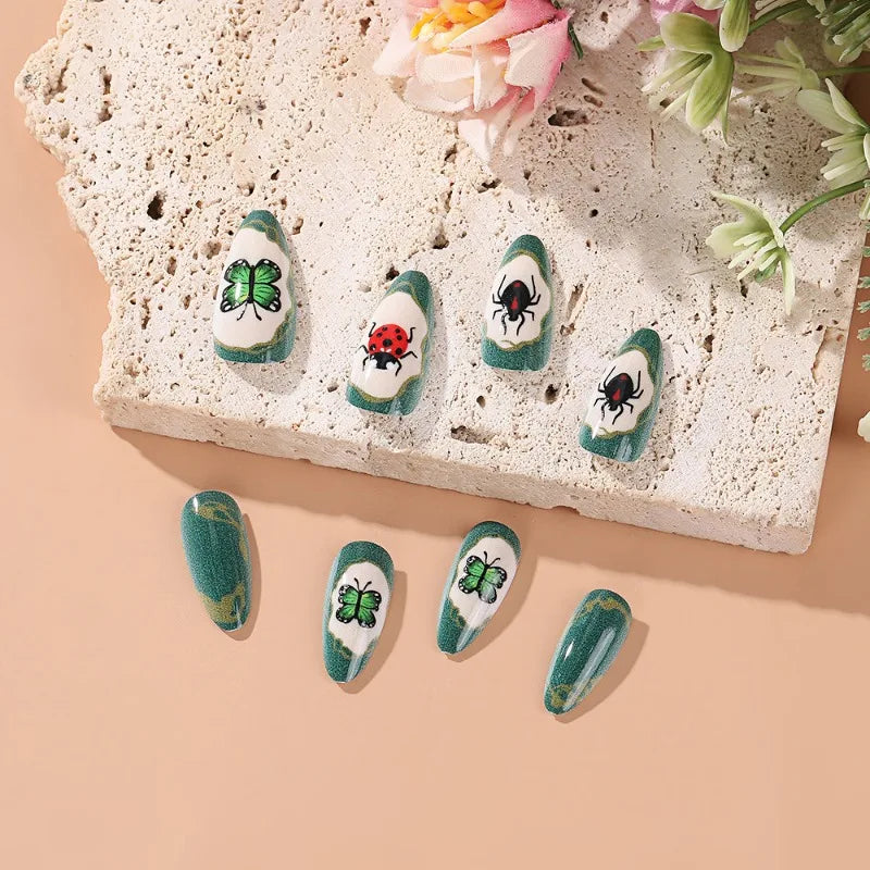 Green Forest Insect Style Wearable Nail Tips | Butterfly And Ladybug Nails | False Nail Stick on Natural Wear