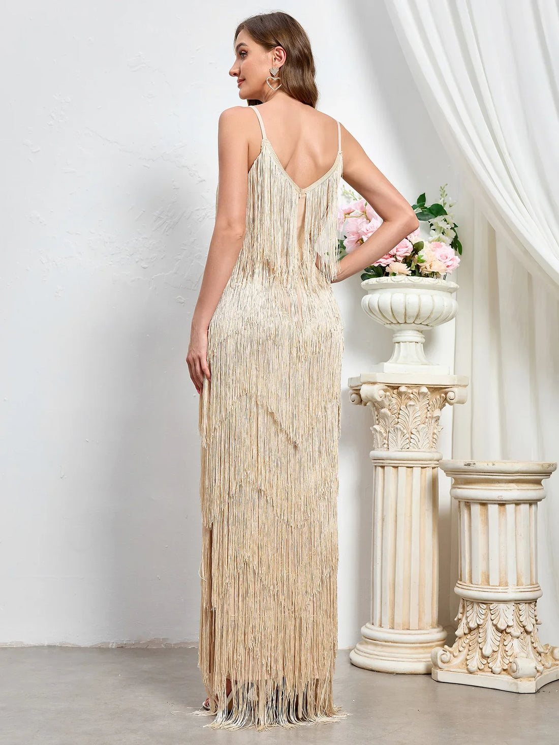 Fashion Outfits | Celebrity Dresses | Women Sexy Backless Tassels Dress | V-neck Lady Party Evening
