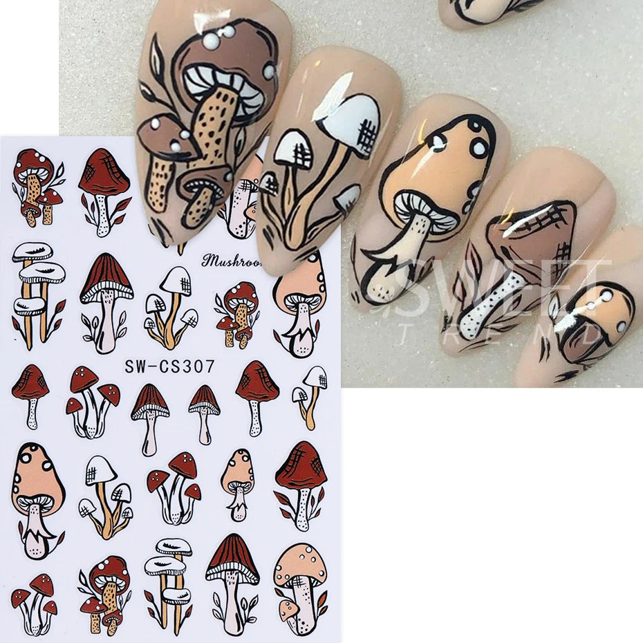 2pcs Halloween Nail Art Stickers | 3D Cartoon Cute Mushroom Ghost Leaf Design Manicure Decoration