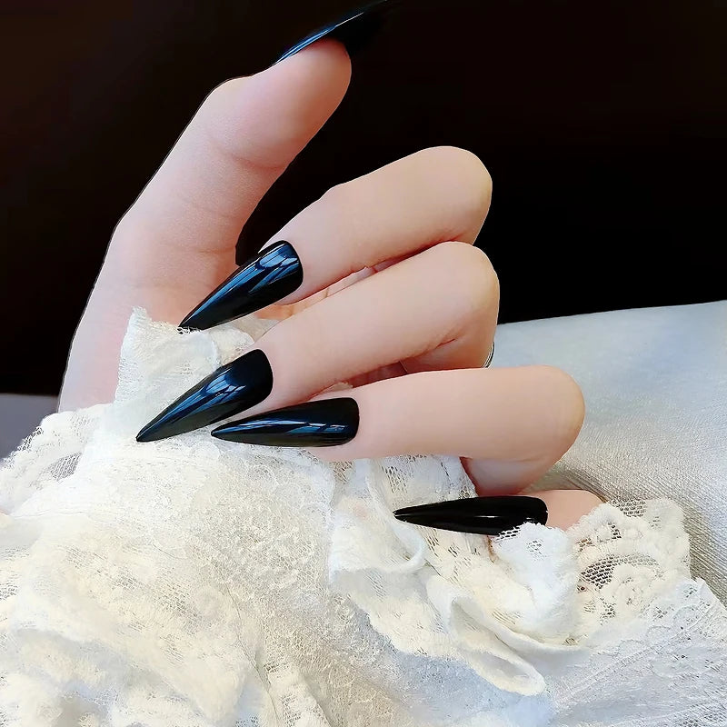24 French Tip Stiletto Nails Short | Modern classic simple BLACK Solid Color Fake Nail