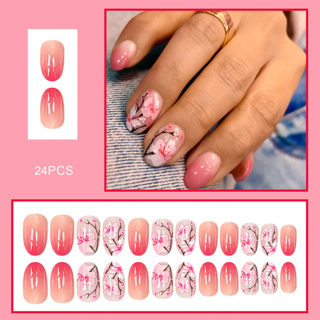 24 Floral Summer Nails | Blush Pink False Nails | Press On Nails Floral Printed Summer DIY