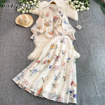 TWOTWINSTYLE Floral Elegant Two Piece Set For Women O Neck Long Sleeve Tops High Waist A Line Skirt Set Female Fashion KSE522039