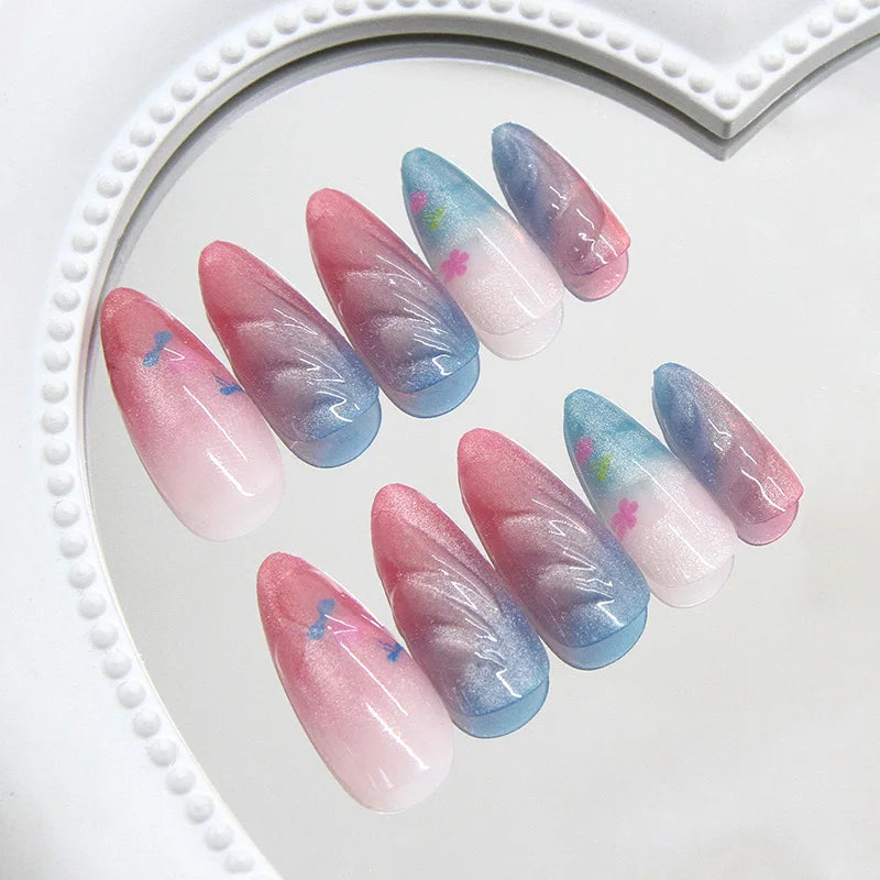 24 Blue Cat Eye Nails Set with Tools Medium Short Realistic False Nails