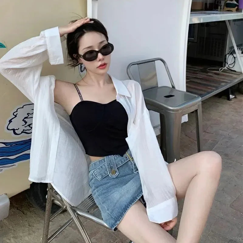 Thin Long Sleeve Sunscreen Shirt | Woman Back Split dress | Lace Up White Shirts