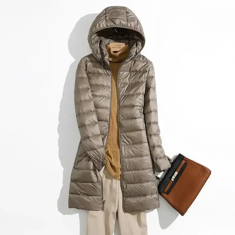 Ultra Lightweight Winter Jacket | Long Puffer Jacket Female Hooded Korean Slim Coat