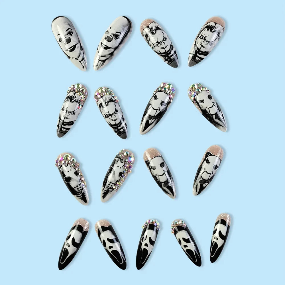 24 Skull Nail Art Simple | Halloween Press On Nails Black And White Horror Style Fake Nails With Rhinestone Reusable False Nails