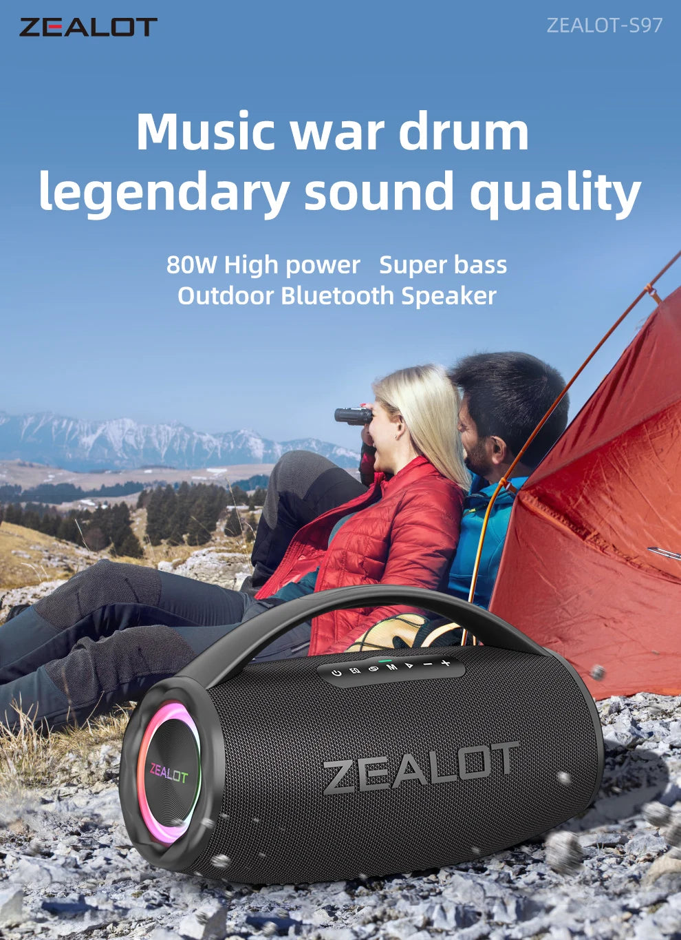 Zealot-S97 80W Loudest Portable Bluetooth Speaker | RGB colorful light waterproof wireless