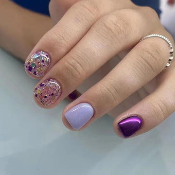 24 Fall Nails Purple | Glitter Crystal Short French Fake Nails | Full Cover Press on Nails