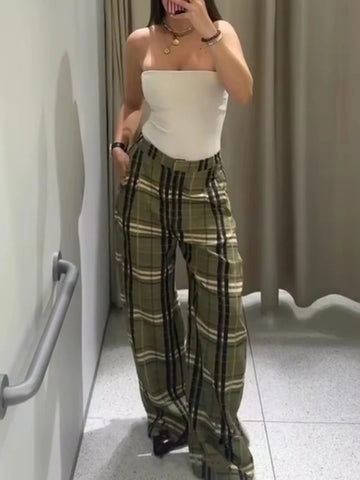 Vintage Green Plaid Extra Long Pants For Woman | Causal High Waist Trousers | Pants Streetwear