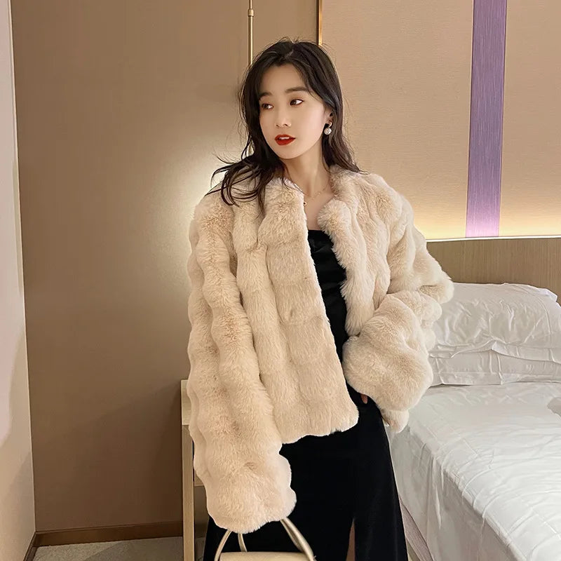 White Fur Coat for Women | New Style Short Imitation Fur Plush Collarless Top Short Top