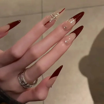 24 Red French Press on Nails To Stick Stickers for Nails with Charms Stiletto Fake Nails