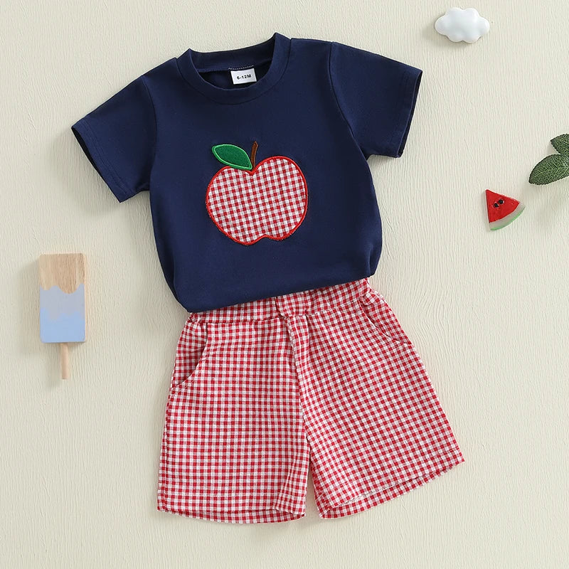 Baby Boy Back to School Outfits Short Sleeve Apple Embroidery T-Shirt Shorts Set