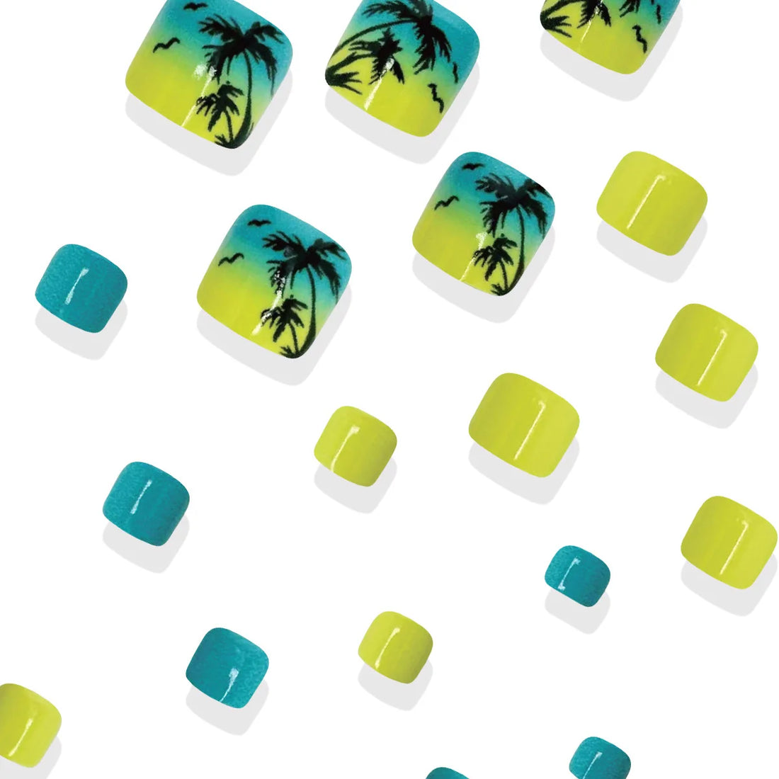 24pcs toe Nail Designs For Summer | Yellow Blue Gradient False Nails | Reusable Coconut Tree Print Fake Toenails