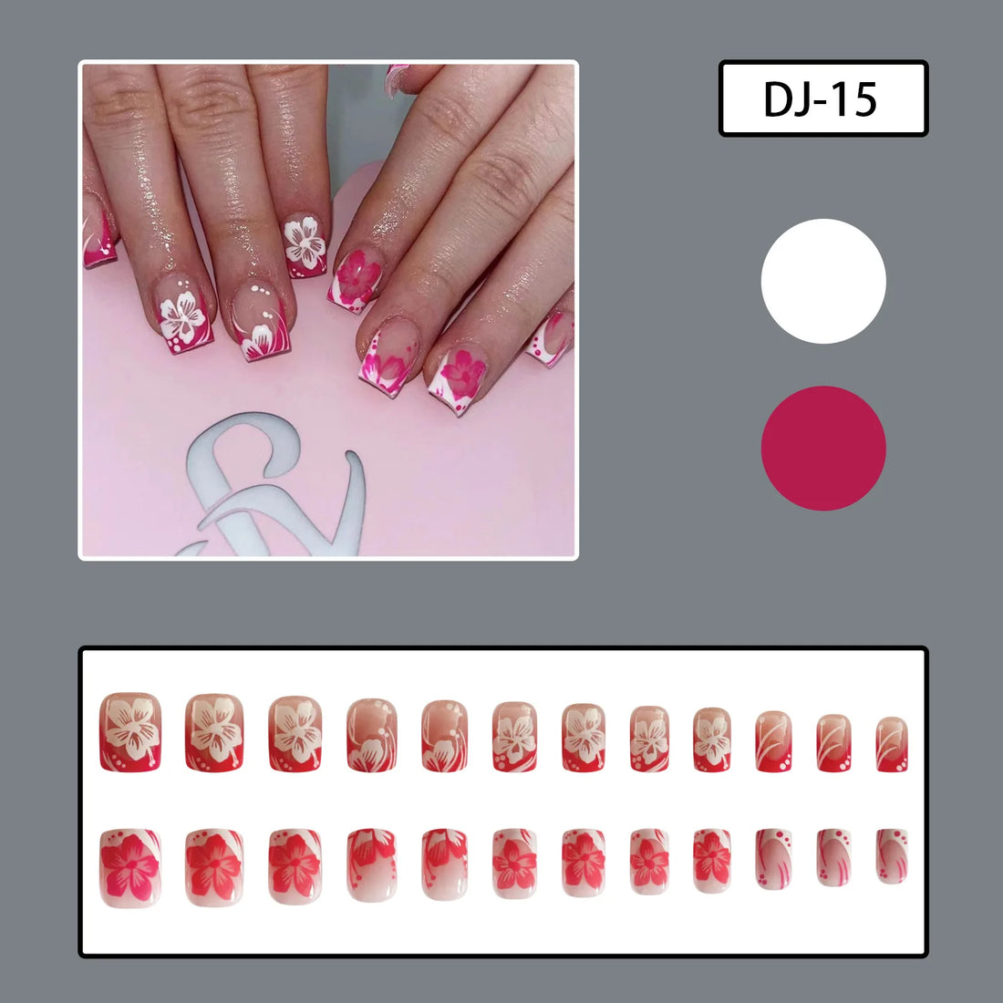 24 Pink Spring Nails | French Tips Press on Nails | Floral Designs Square False Nails