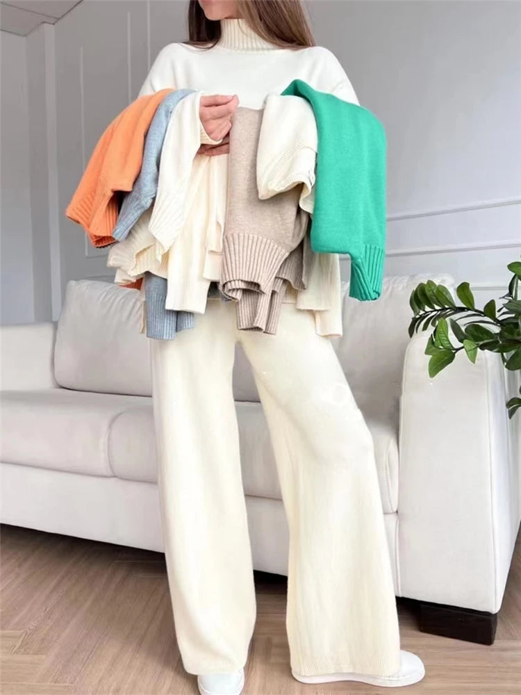 Women's Knitted 2-Piece Winter Set – Turtleneck Sweater & Jogging Pants