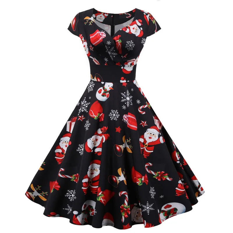 Fashion V-neck Short Sleeve Christmas Dress | Large Swing Vintage Elegant Xmas Party Dress