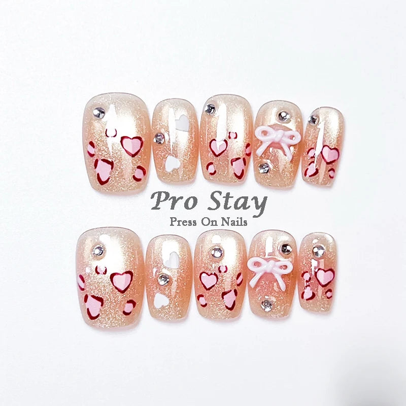 10 Pink Cherry Nail Design | 3d Pink Cherry & Heart Fake Nail With Diamond Reusable Tips
