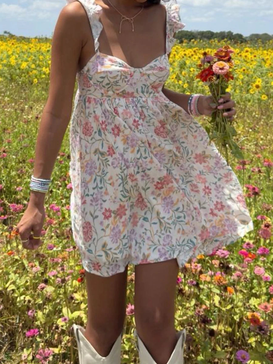 Casual Summer Sleeveless Ruffle Maxi Dress with Floral Print