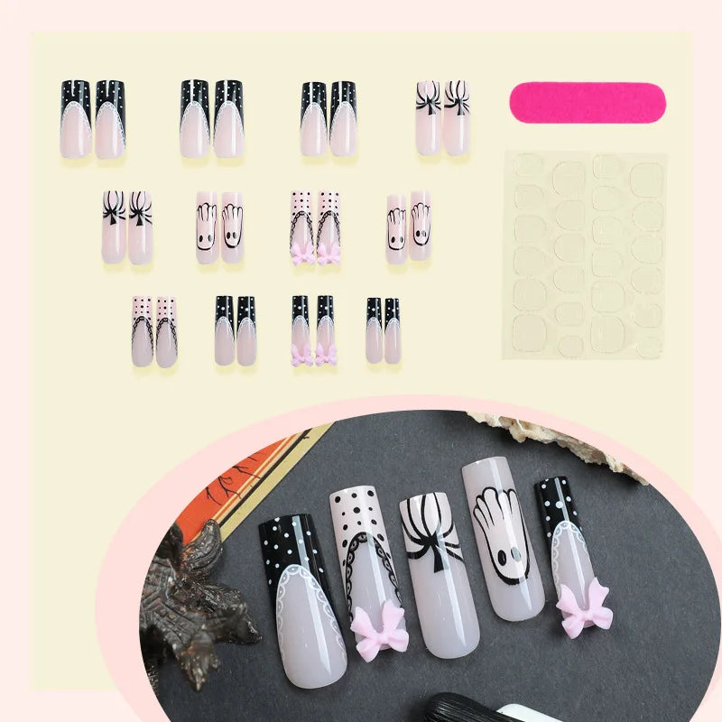 24 Pink Bow Nails | European Fake Nail Tips |Halloween Ghost Press on Nails