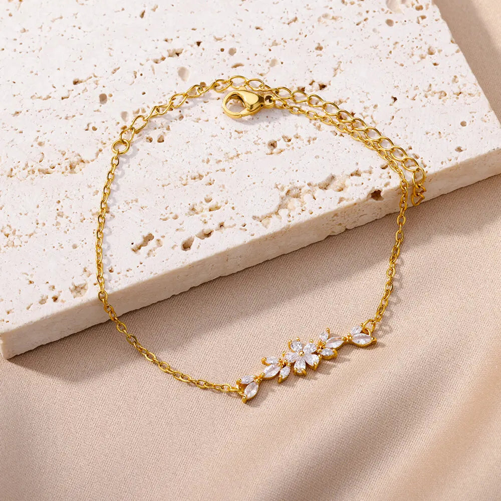 Flower Bracelet Luxury For Women | Gold Color Stainless Steel Plant Bracelets