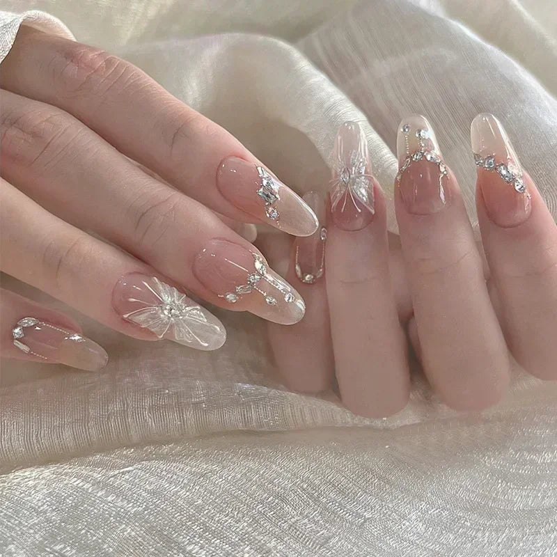 24 Almond Nails French Tip | Handmade Press On Nails | Full Cover Butterfly French Nail Art