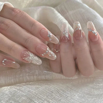 24 Almond Nails French Tip | Handmade Press On Nails | Full Cover Butterfly French Nail Art