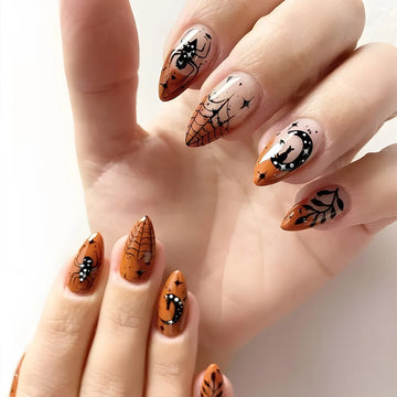 24 Spider Halloween Nails | Full Cover Orange Edge French False Nails | Short Almond