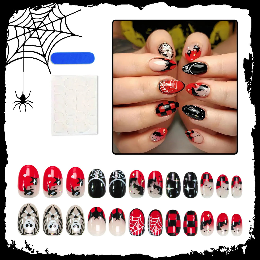 24 Halloween Nails French Tip | Skull Ghost Plaid Star Designs Press-On Nail Tips