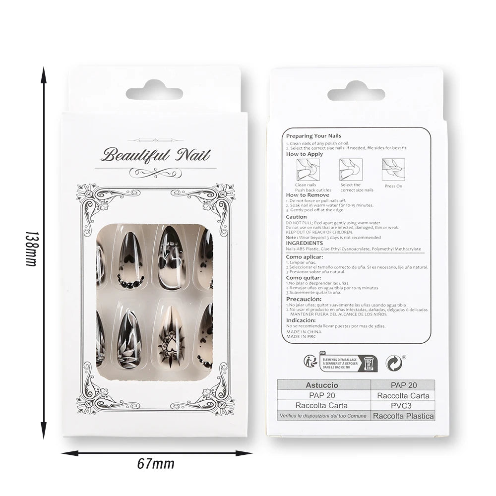 24 Skull Nails Design | French Press On Nails with Flower Heart Design | Full Cover False Nails