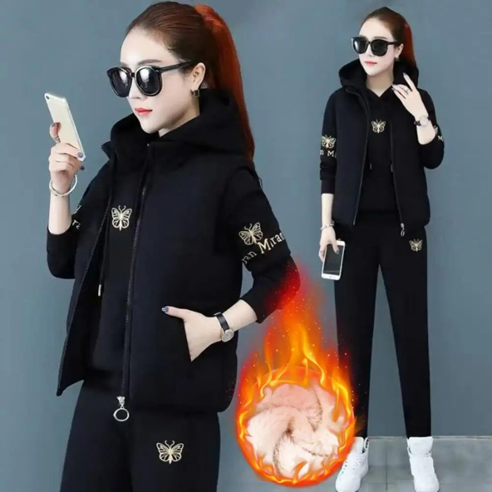New Women's Casualplush Sweat Suit | Thickened Hooded Tops Waistcoat Pants 3 Three Piece Set