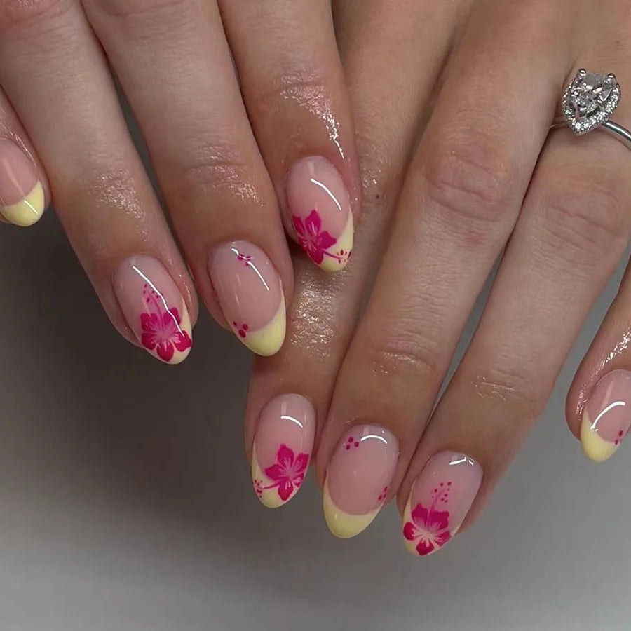 24 Red Spring Nails | French Oval Fake Nail Finished Short Almond False Nails