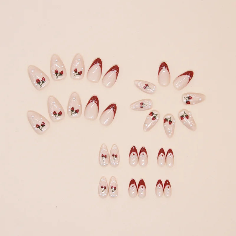 24 pcs September Nails | Almond shaped simple cherry pearl fake nails +1 nail glue +1 nail file