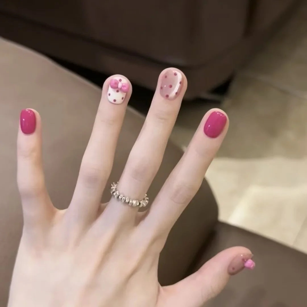 10 Red Polka Dot ails | Cat's Eye Bow Fake Nail for Women | False Nail