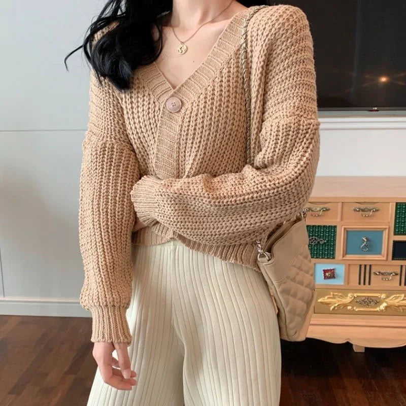 V Neck Knitted Cardigan | Women's Solid Color Button Long Sleeve Jumper
