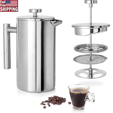 Stainless Steel French Press Coffee Maker Double Wall Insulated 27 Oz Easy Clean 3 Layer Filter Smooth Brew Hot Coffee Tea