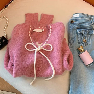 Womens Solid Color Cardigan | Small Fragrant Style V-neck Knitted Cardigan | Women Sweater Tops