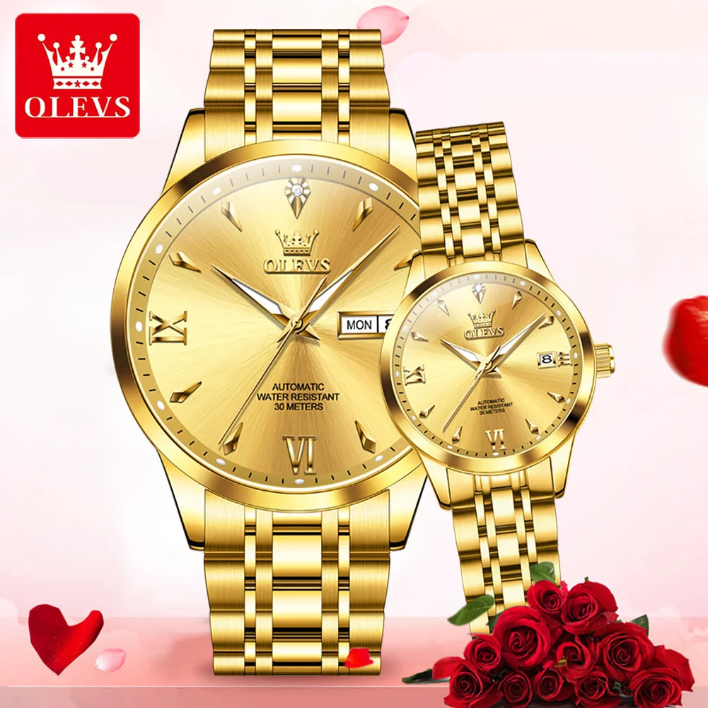 OLEVS 9956 Couple Watch for Men Women | Ducal Calendar Diamond Roman Scale Luxury Wristwatch